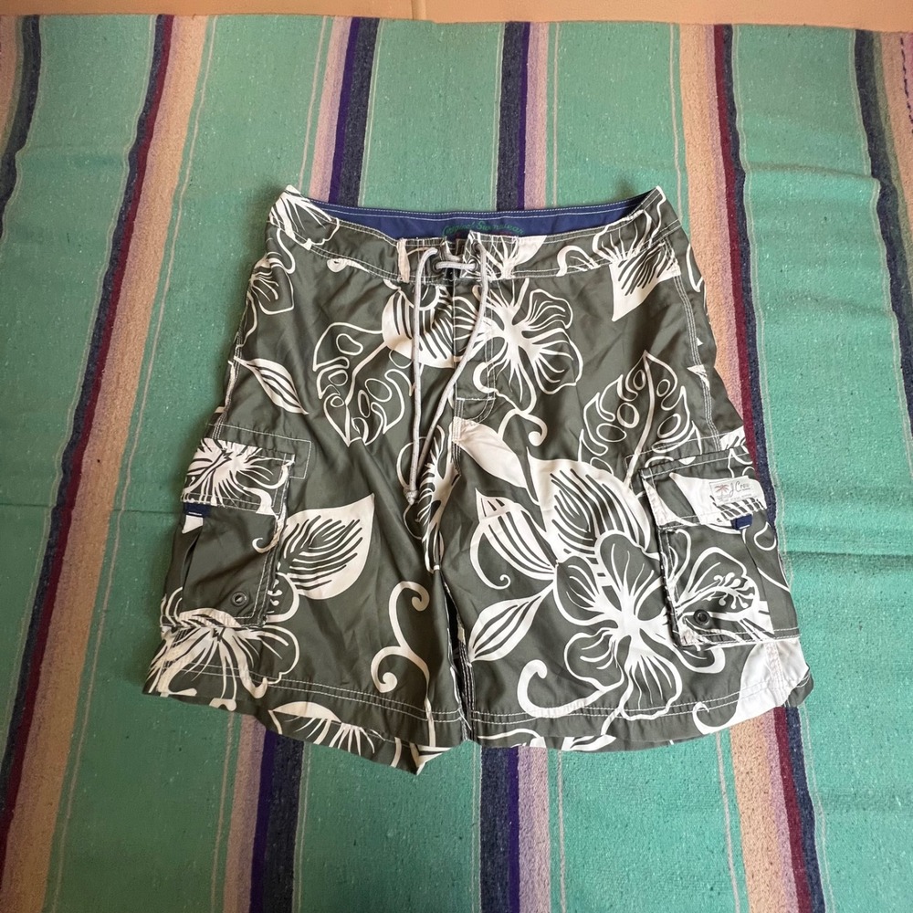 J.Crew Board Shorts Mens 34 Green Tropical Hibiscus Floral Cargo Swim Trunks